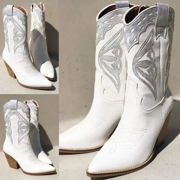 White Iridescent Metallic Applique Pointy Toe Block Heel Cowgirl Western Boots - Picture 4 of 15